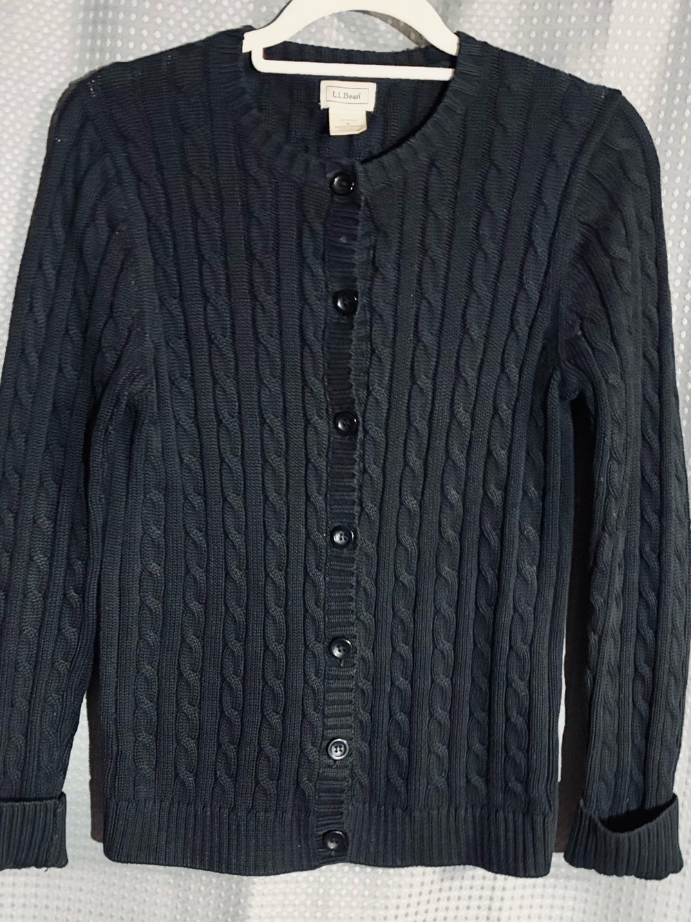 L.L. Bean Black Cable Knit Cardigan Sweater S Button Front 100% Cotton Vintage